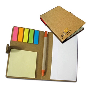Bloco de anotações com post-its coloridos e caneta Material reciclado
